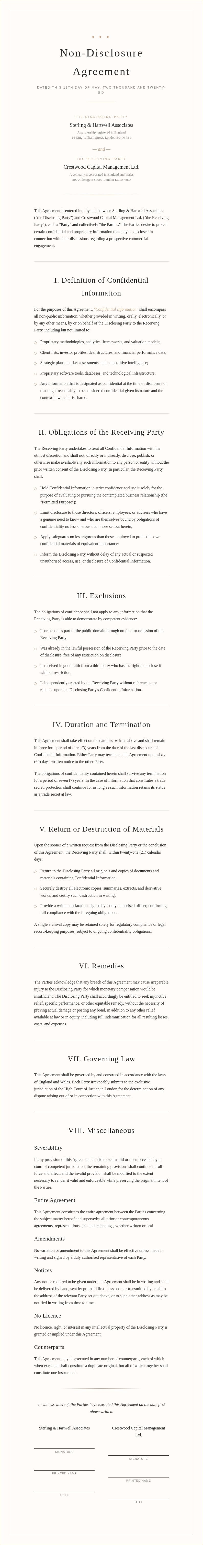 Elegant sophisticated Non Disclosure Agreement